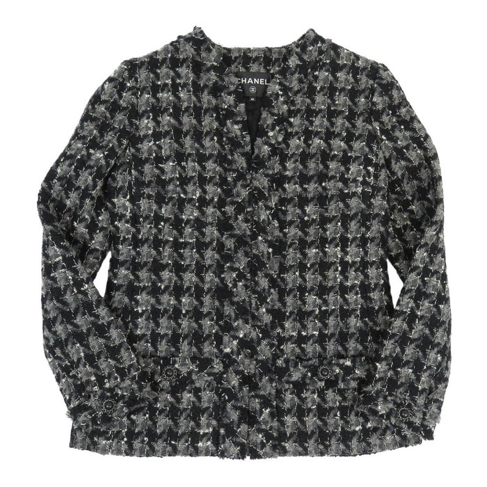 CHANEL 
CC Vネック フリンジ ウール 
ツイード ジップアップ ジャケット