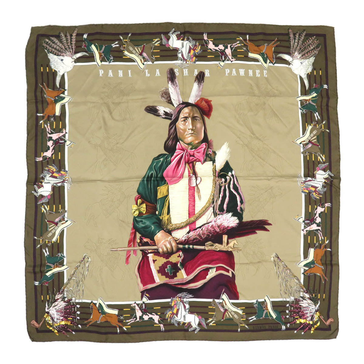 美品　エルメス カレPANI LA SHAR PAWNEE パウニー族の首長 HERMES スカーフ 大判 シルク カレ 90 PANI LA SHAR PAWNEE パウニー族