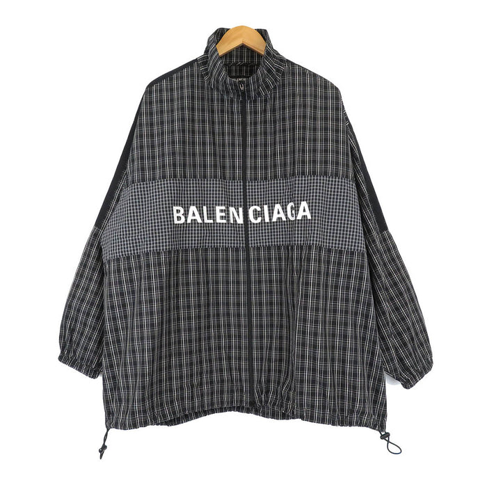 BALENCIAGA 
オーバーサイズ ジップアップ 
ロゴ プリント ポプリン チェック シャツ ジャケット