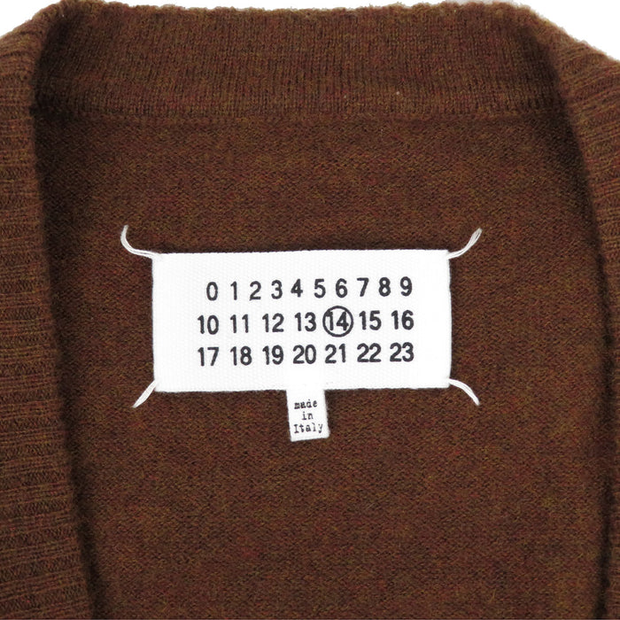 MARTIN MARGIELA 
Vネック ウール レザー 
エルボーパッチ カーディガン