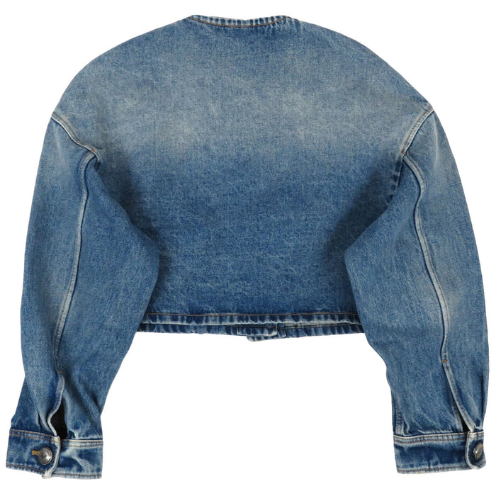 PRADA 
プレート ロゴボタン シルバーカラー金具 ブリーチデニム コットン 
トライアングル ロゴ ノーカラー デニムジャケット