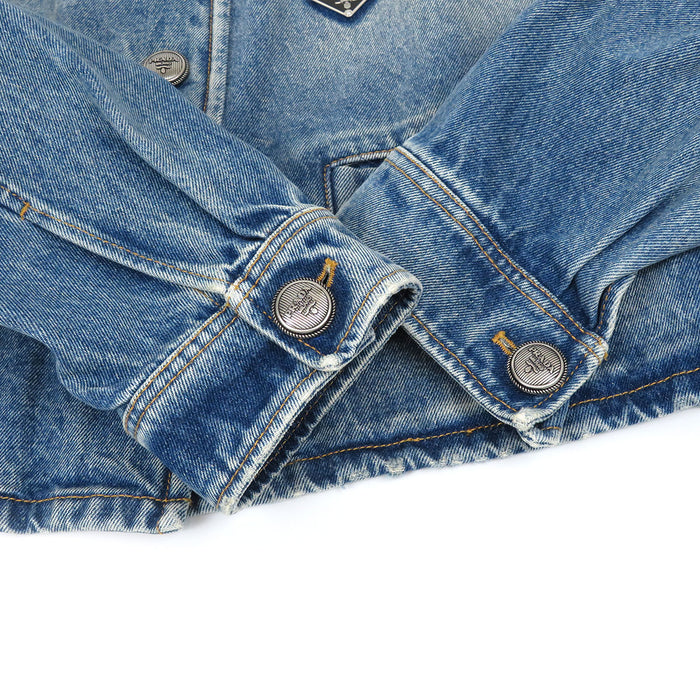 PRADA 
プレート ロゴボタン シルバーカラー金具 ブリーチデニム コットン 
トライアングル ロゴ ノーカラー デニムジャケット