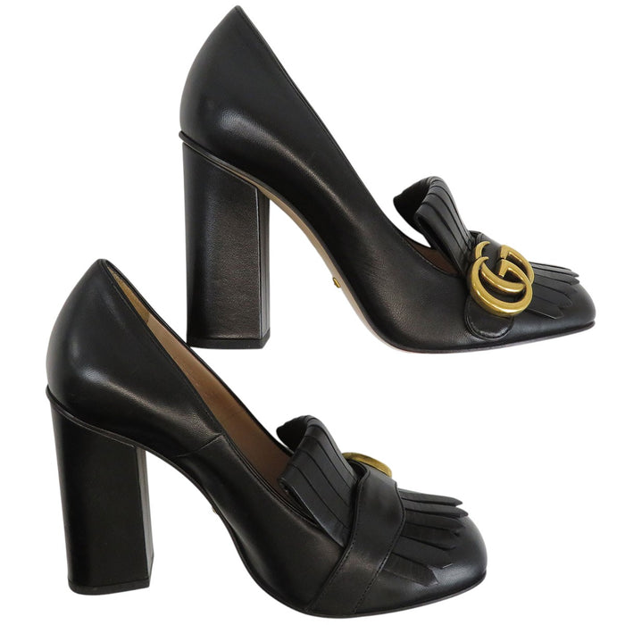 GUCCI 
ロゴ ハイヒール レザー ゴールドカラー金具 
GGマーモント フリンジ パンプス