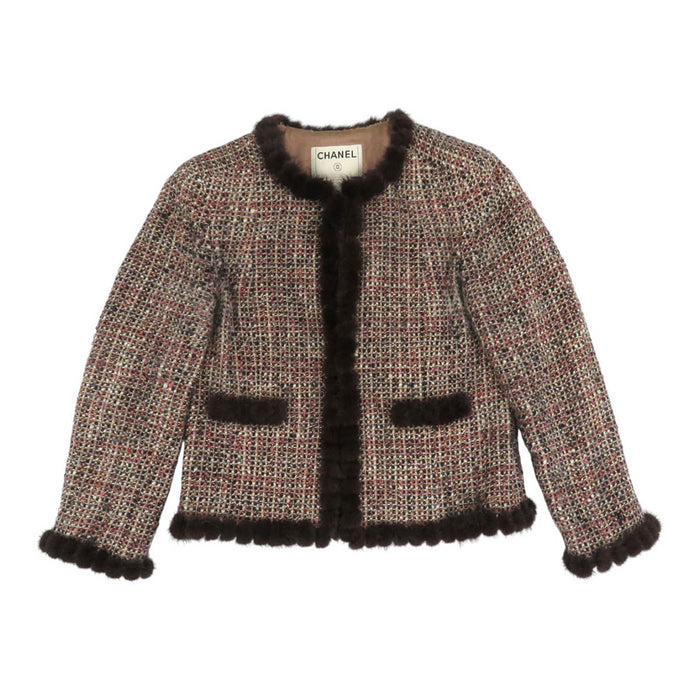 CHANEL 
COCO CC ロゴ ファー ウール 03A 
ココマーク ツイード ノーカラー ジャケット