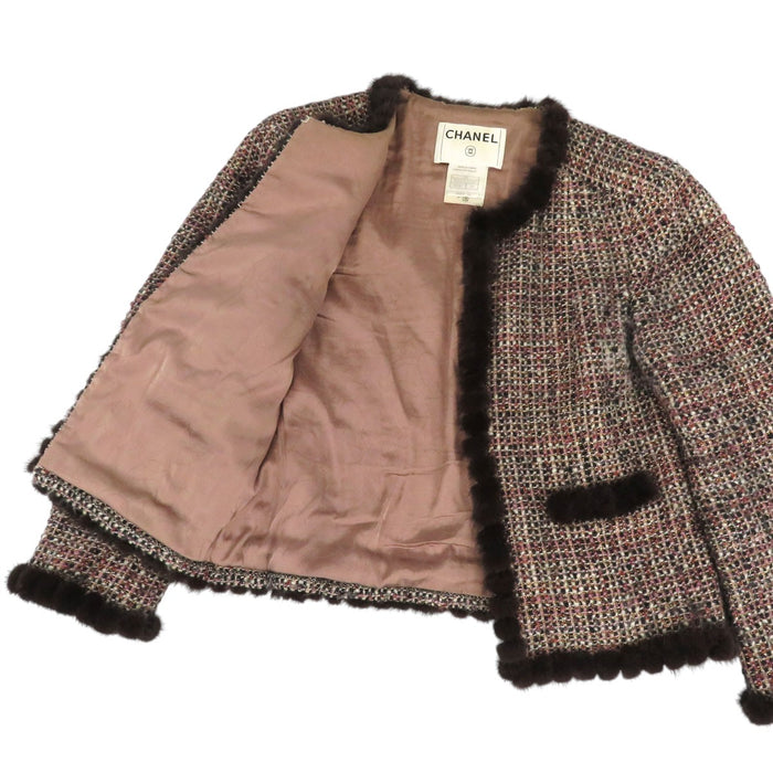 CHANEL 
COCO CC ロゴ ファー ウール 03A 
ココマーク ツイード ノーカラー ジャケット