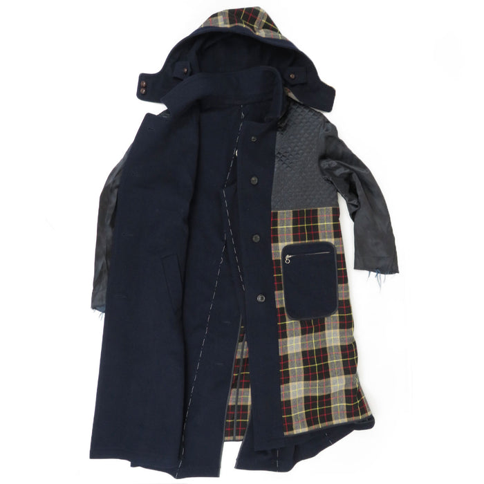 Maison Margiela 
チェック柄 ベルト キルティング 中綿 ウール 
リバーシブル パッチワーク フーデッド ロング コート