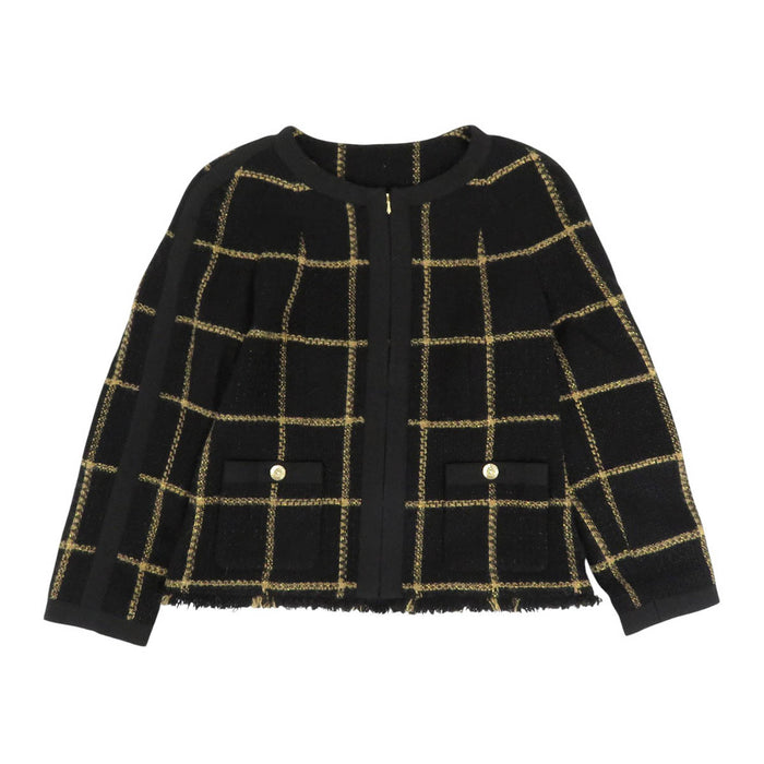 CHANEL 
COCO CC ココボタン フリンジ ゴールドカラー金具 
ココマーク ツイード ラメ ノーカラージャケット