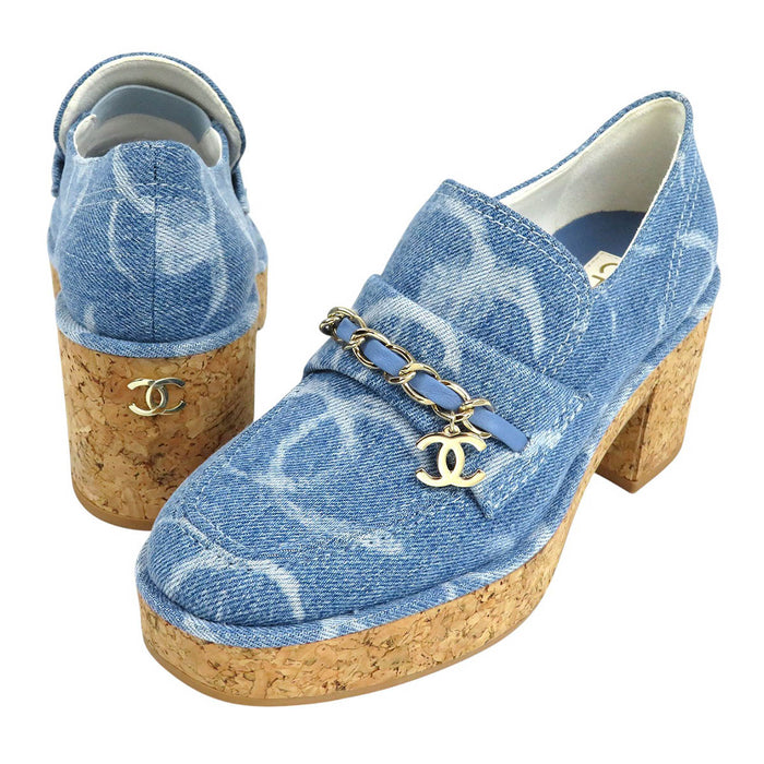 CHANEL 
COCO CC ロゴ チャーム チェーン レザー 
ココマーク デニム 厚底 ローファー