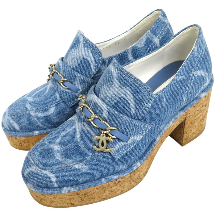 CHANEL  
COCO CC 標誌 吊飾 鏈條 皮革  
可可標誌 牛仔布 厚底 樂福鞋