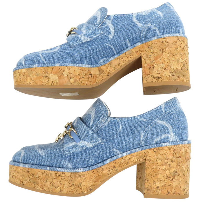 CHANEL 
COCO CC ロゴ チャーム チェーン レザー 
ココマーク デニム 厚底 ローファー