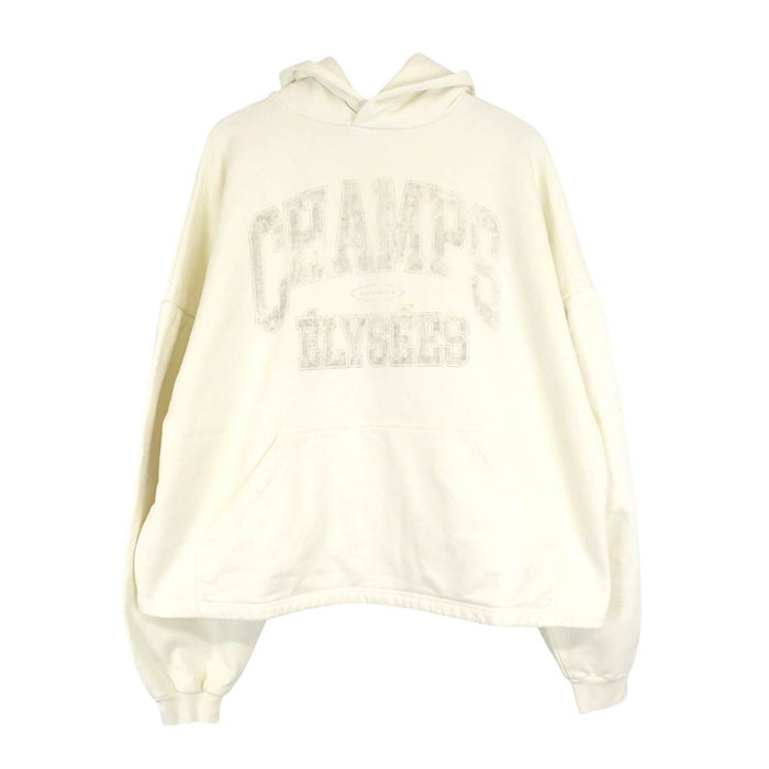 BALENCIAGA 
Distressed College Logo Hoodie Sweatshirt 
Champs Elysees Logo Parka