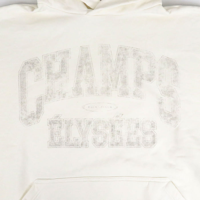 BALENCIAGA 
Distressed College Logo Hoodie Sweatshirt 
Champs Elysees Logo Parka