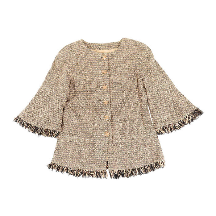 CHANEL 
COCO CC ロゴボタン フリンジ 七分袖 
ココマーク ツイード ノーカラージャケット