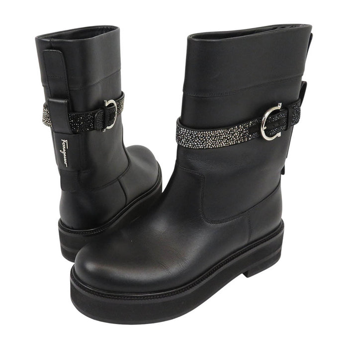 Salvatore Ferragamo 
ロゴ ラインストーン レザー 
ガンチーニバックル ショートブーツ