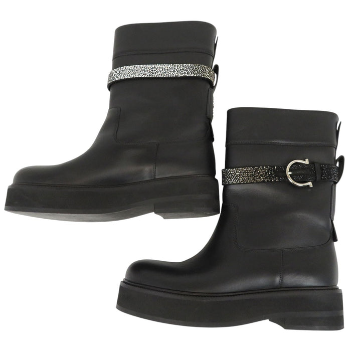 Salvatore Ferragamo 
ロゴ ラインストーン レザー 
ガンチーニバックル ショートブーツ