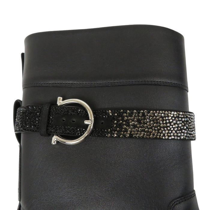 Salvatore Ferragamo 
ロゴ ラインストーン レザー 
ガンチーニバックル ショートブーツ