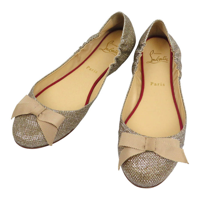 Christian Louboutin 
ラメ レザー 
グリッター リボン バレエシューズ