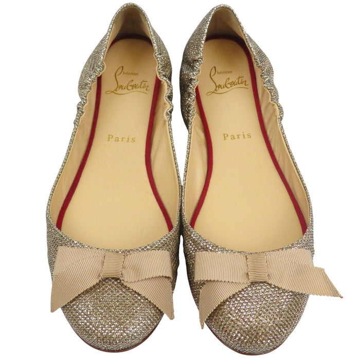 Christian Louboutin 
ラメ レザー 
グリッター リボン バレエシューズ