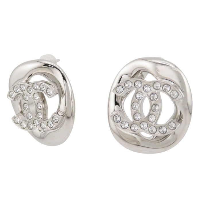 CHANEL 
B25S COCO CC Logo Silver-Colored Metal 
Coco Mark Rhinestone Earrings