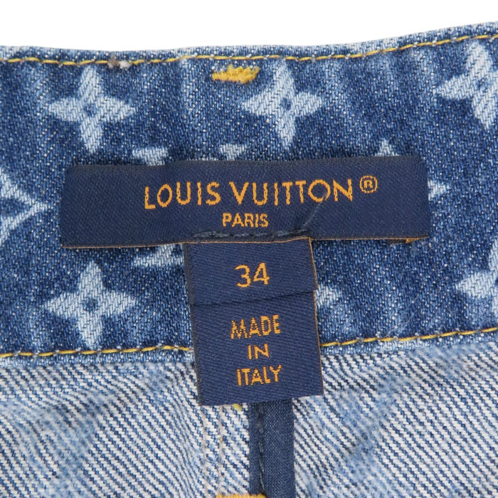 LOUIS VUITTON 
25年製 LV ロゴ 総柄 コットン レザーパッチ 
モノグラム ジップアップ デニム スカート