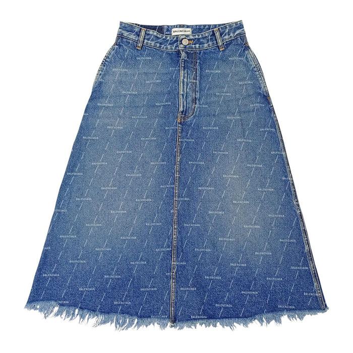 BALENCIAGA  
Fringe All-Over Pattern Cotton  
Logo Denim Skirt