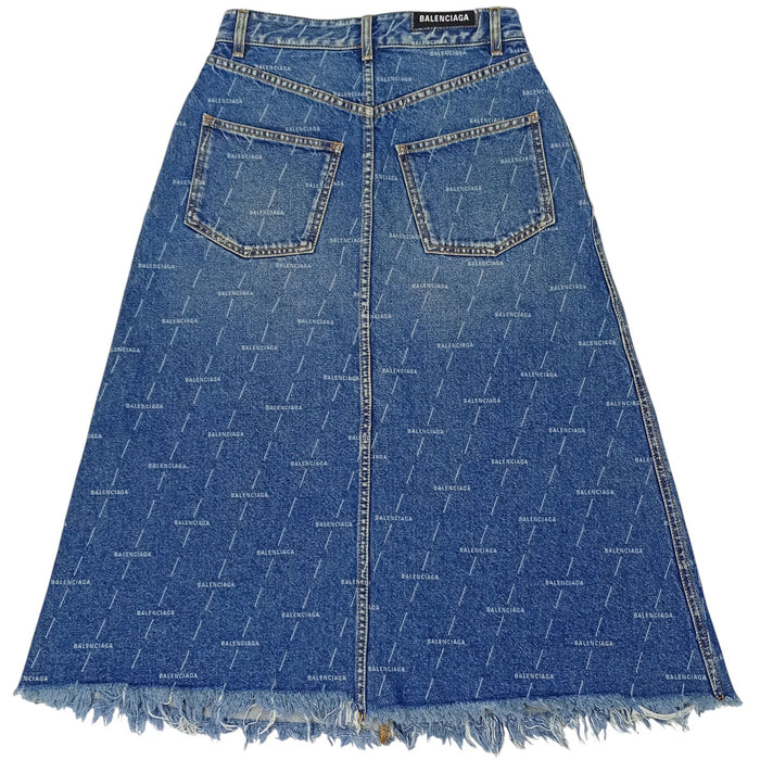 BALENCIAGA  
Jupe en denim à logo  
en coton à motif intégral avec franges