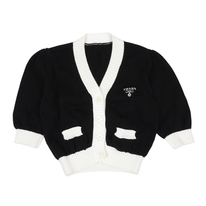 PRADA Embroidered Cotton Button Logo Bicolor Cropped Short-Sleeve Cardigan