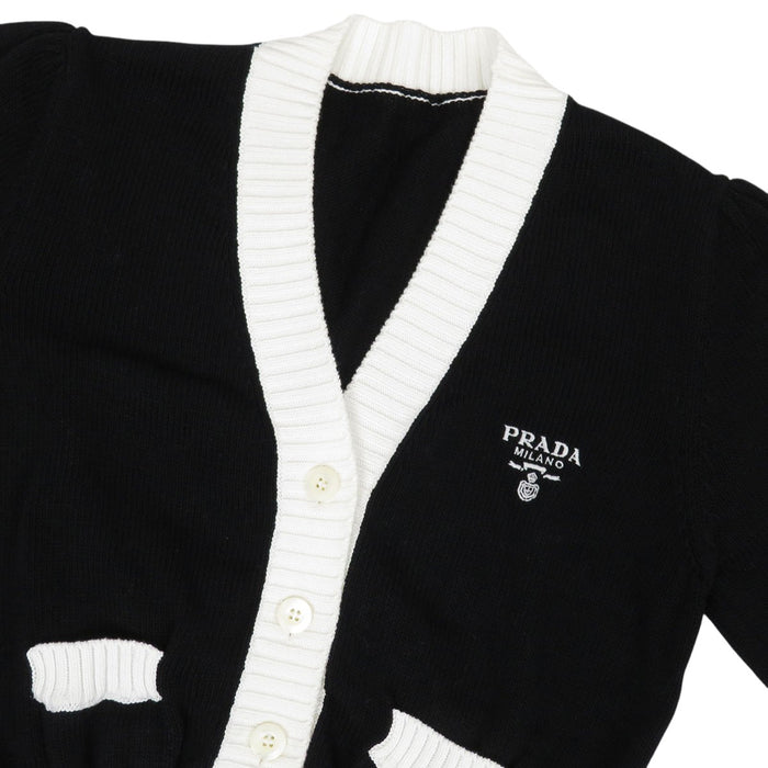 PRADA Embroidered Cotton Button Logo Bicolor Cropped Short-Sleeve Cardigan