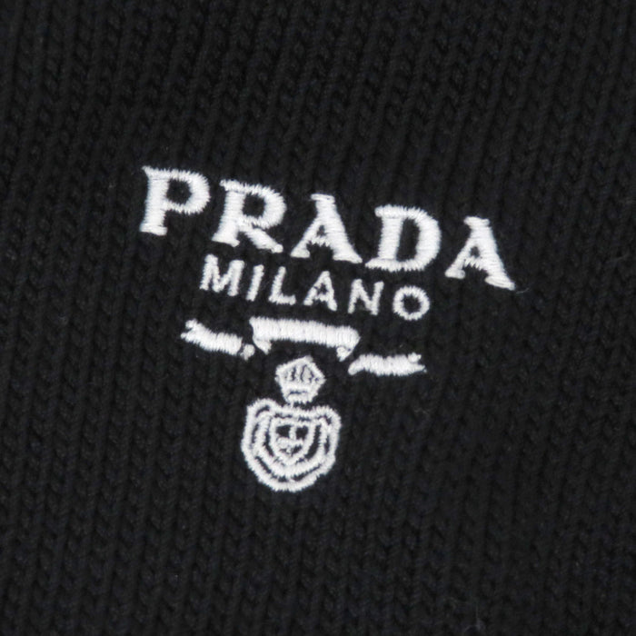 PRADA Embroidered Cotton Button Logo Bicolor Cropped Short-Sleeve Cardigan