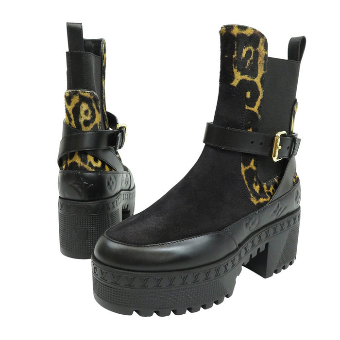 LOUIS VUITTON 
LV 24年製 ロゴ サイドゴア ベルト スウェード レザー 厚底 
ローリエート ライン レオパード アンクルブーツ 伊勢丹限定 
モノグラム