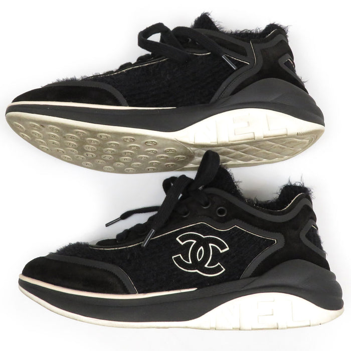 CHANEL 
COCO CC Logo Sock Sneakers 
Coco Mark Suede Shaggy Knit Sneakers