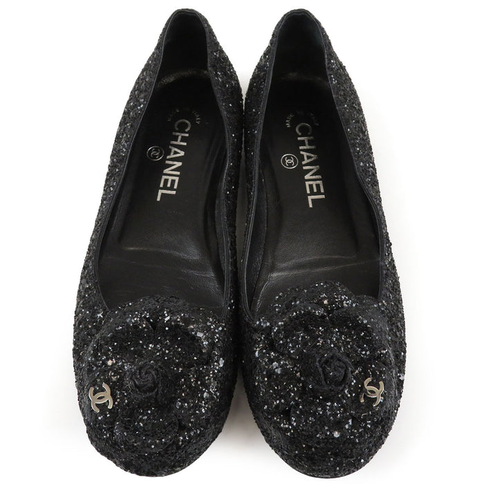 CHANEL 
COCO CC Logo Glitter 
Coco Mark Camellia Sparkle Flat Shoes