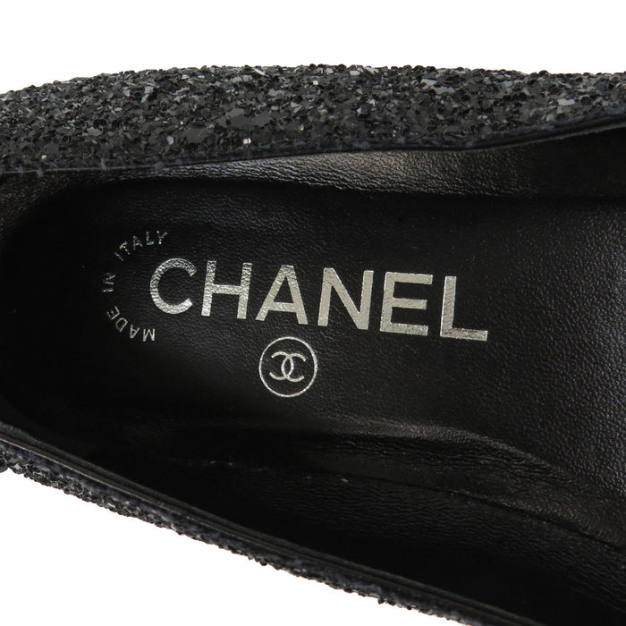 CHANEL 
COCO CC Logo Glitter 
Coco Mark Camellia Sparkle Flat Shoes