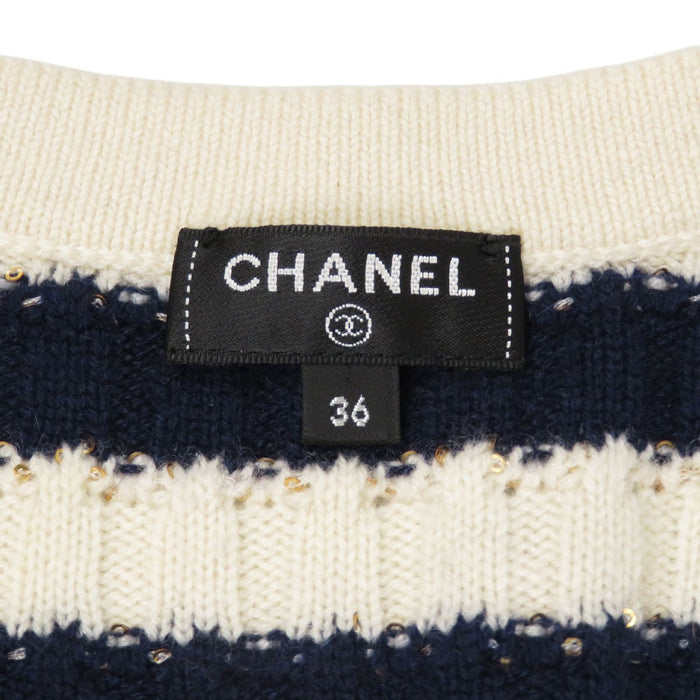 CHANEL 
COCO CC ココボタン スパンコール ライトゴールドカラーメタル 21P 
ココマーク ボーダー カシミヤ カーディガン