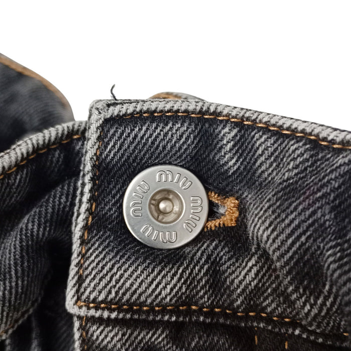 MIUMIU  
Tapered Cotton  
Logo Print Waist-Gathered Denim Pants