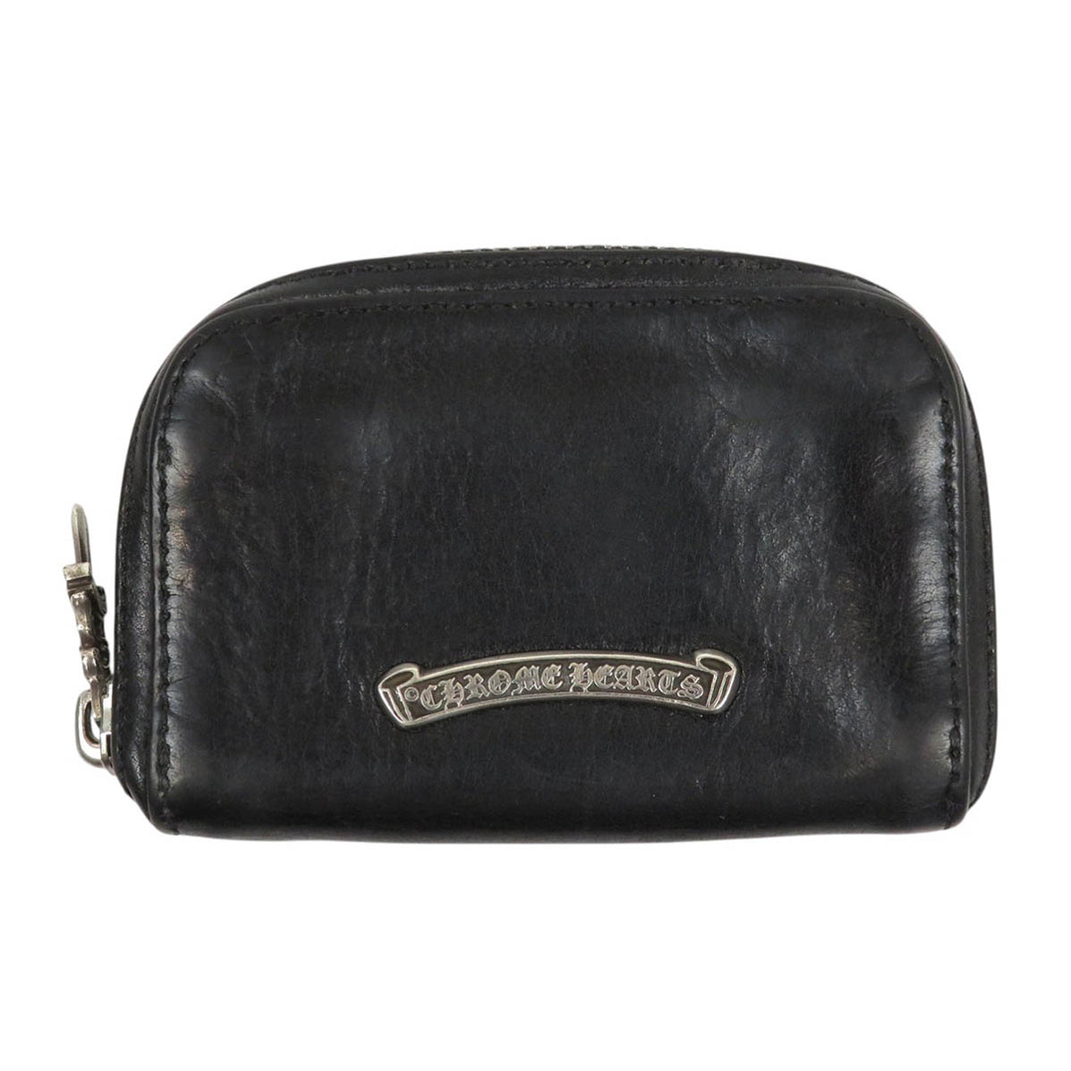 CHROME HEARTS CH COIN CASE Round Zip Leather Scroll Label Dagger Zip C ...