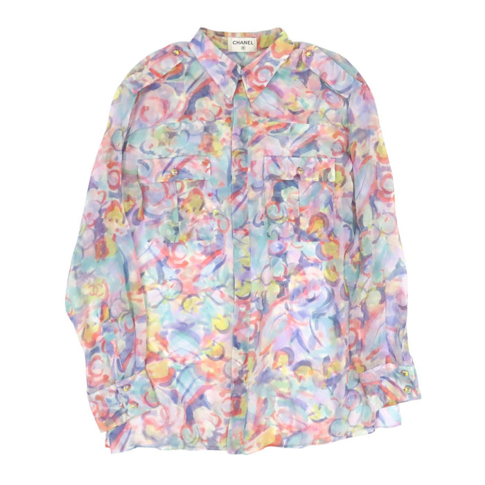 CHANEL 
COCO CC ココボタン ロゴ 水彩柄 シースルー 
ココマーク シフォン ブラウス