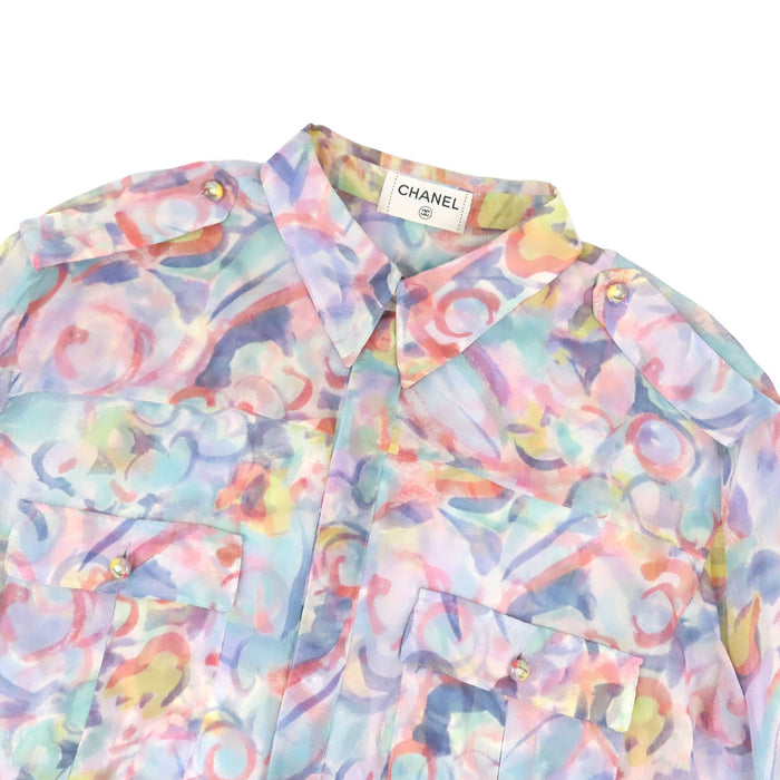 CHANEL 
COCO CC ココボタン ロゴ 水彩柄 シースルー 
ココマーク シフォン ブラウス