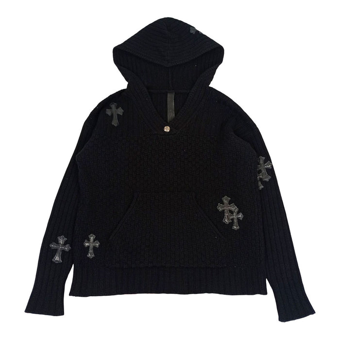 CHROME HEARTS 
CHプラス クロスボール レザーパッチ リブ Vネック 
クロスパッチ カシミヤ ニット フーディ
