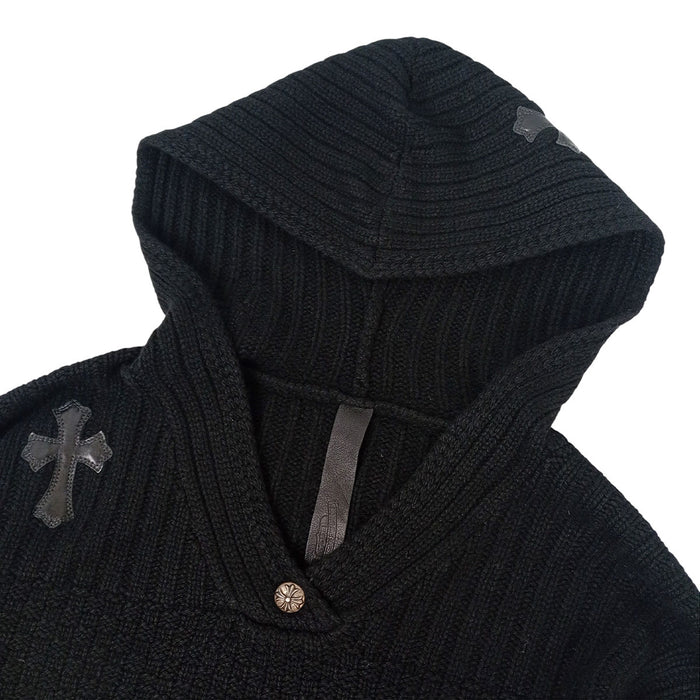CHROME HEARTS 
CHプラス クロスボール レザーパッチ リブ Vネック 
クロスパッチ カシミヤ ニット フーディ