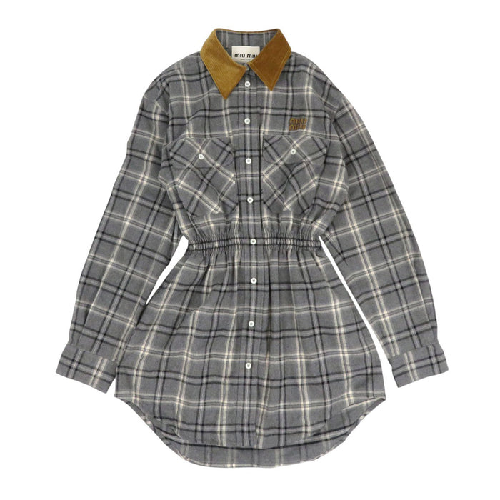 MIUMIU  
25-26AW 标志格纹衬衫连衣裙 灯芯绒迷你棉质法兰绒迷你裙