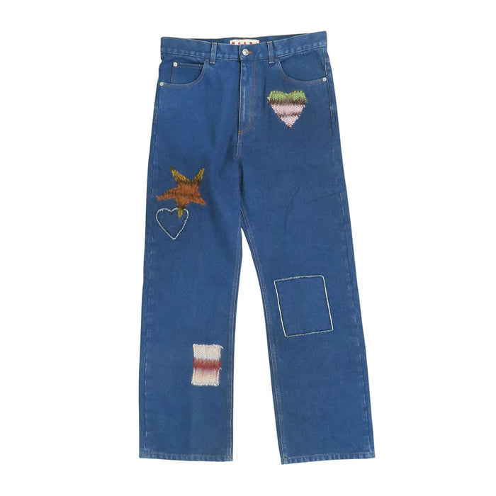 MARNI 
Jean patchwork en coton et mohair 
Motifs cœur et étoile