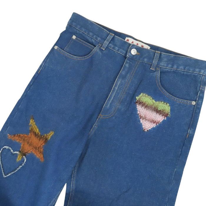 MARNI 
Jean patchwork en coton et mohair 
Motifs cœur et étoile