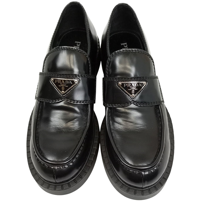 PRADA Triangle Logo Chocolate Brushed Loafers