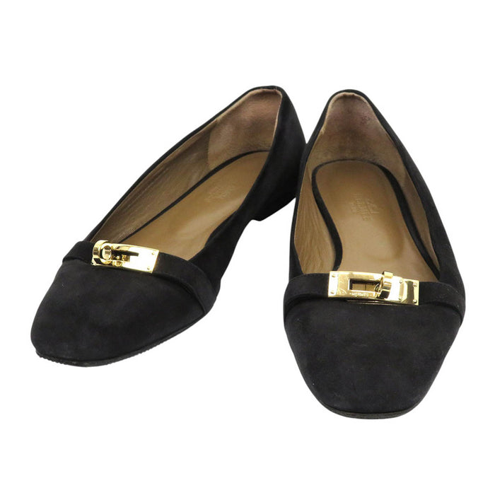 HERMES  
Suede Flat Gold-Colored Metal  
Kelly Buckle Ballet Shoes