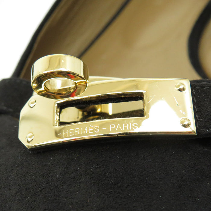HERMES  
Suede Flat Gold-Colored Metal  
Kelly Buckle Ballet Shoes