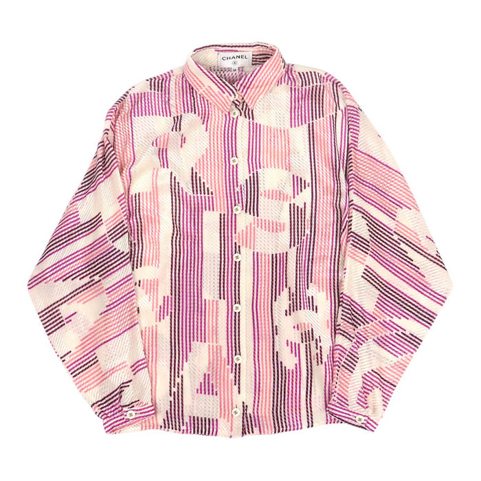 CHANEL 
COCO CC ココボタン ロゴ シースルー シルク 
ココマーク 総柄 シャツ