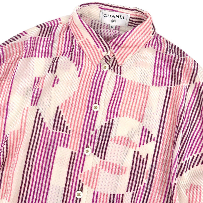 CHANEL 
COCO CC ココボタン ロゴ シースルー シルク 
ココマーク 総柄 シャツ