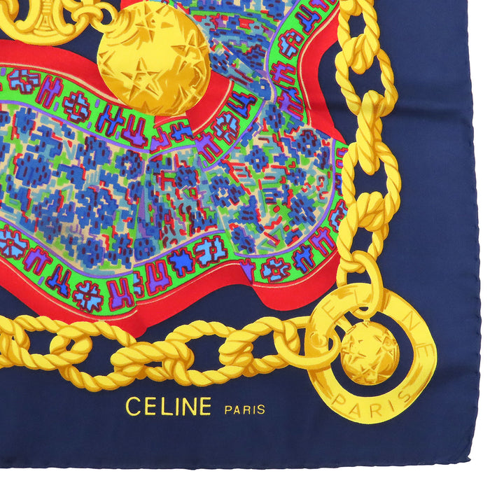 CELINE 
ロゴ 大判 シルク 
ヴィンテージ チェーン柄 スカーフ