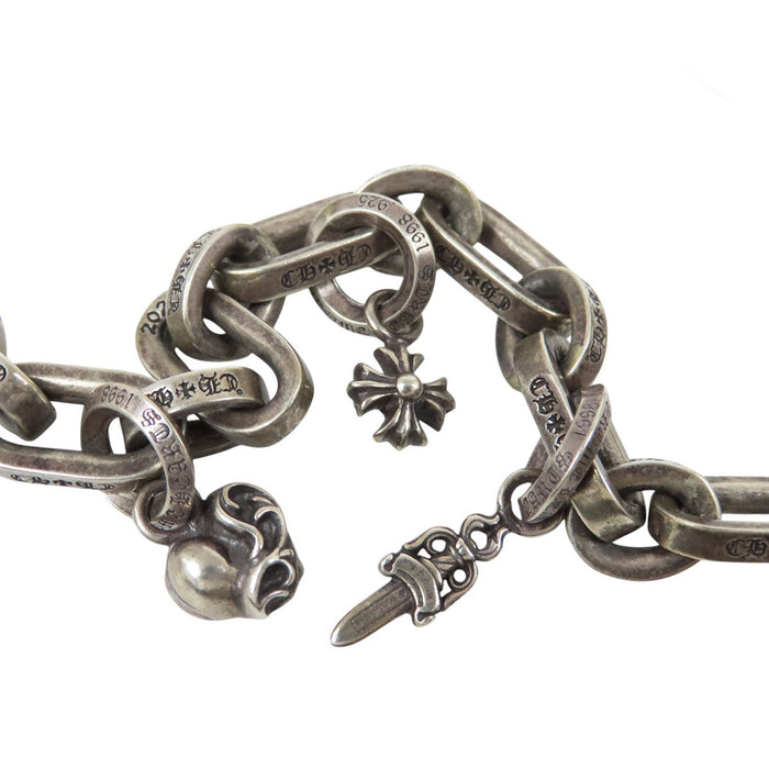 CHROME HEARTS 
PAPER E CHAIN ダガー BSフレア クロス CHプラス ハート シルバー 
ペーパー Eチェーン マルチモチーフ ネックレス 18インチ